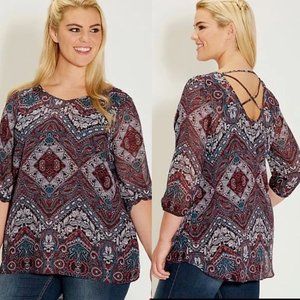 Maurices Women’s 3/4 Sleeve Lattice Back Tunic Blouse Burgundy/Teal Size Large